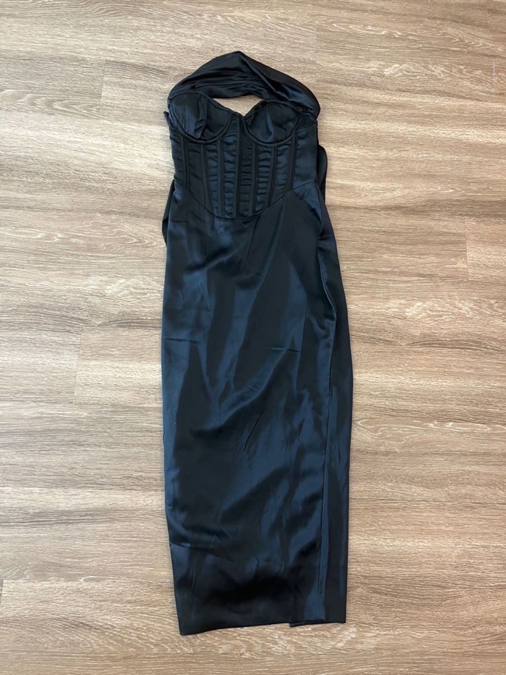 PrettyLittleThing Black Satin Strapless Corset Midi Dress